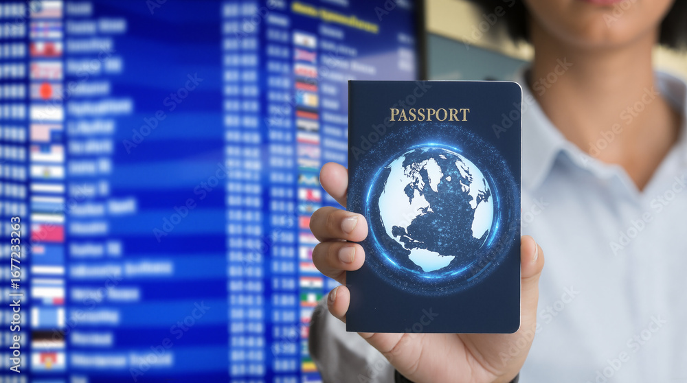 Poster the image shows a woman holding a passport in front of a computer screen with text on it