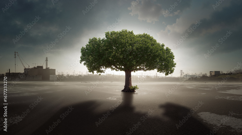 Poster the image shows a lone tree in the middle of a foggy field