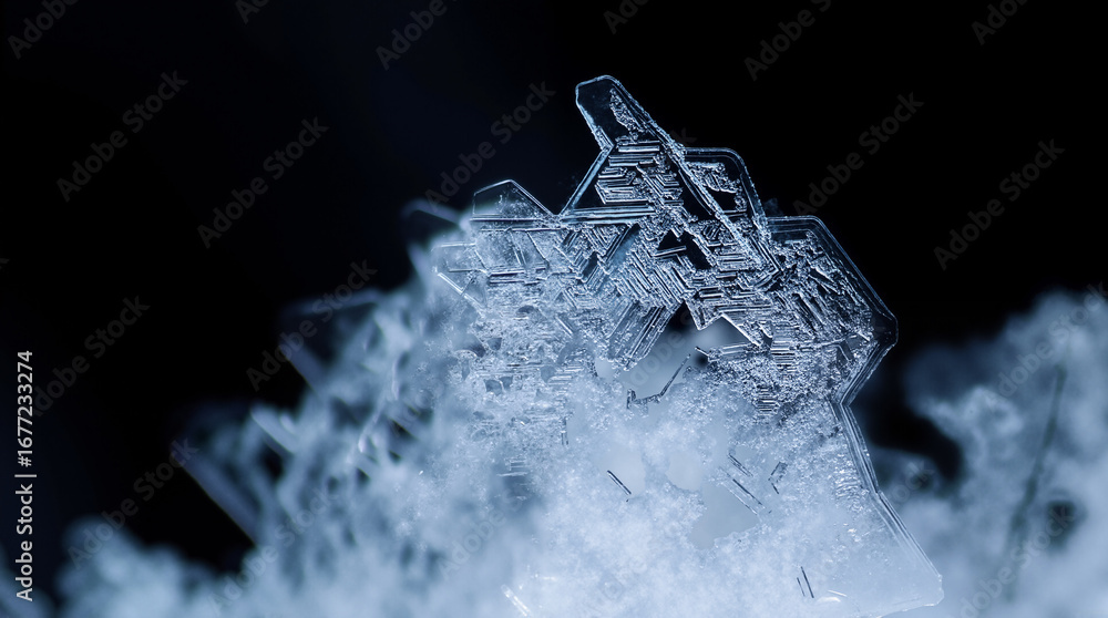 Poster the image shows a close up of a snowflake on a black background. the snowflake is glistening in the 