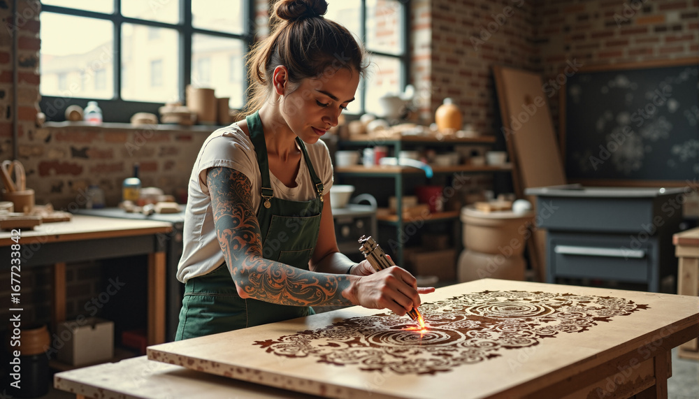 Poster the image shows a woman in an apron working on a piece of wood with a laser engraving machine. she i