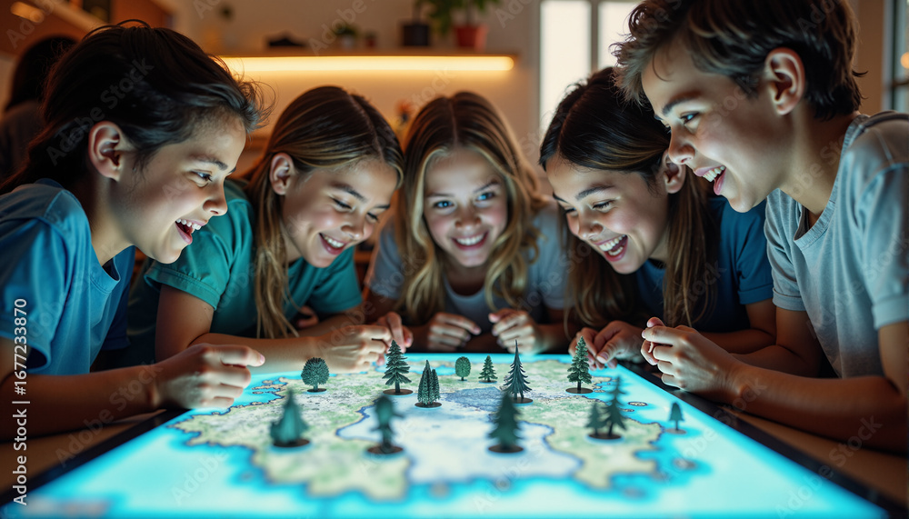 Poster the image shows a group of children sitting around a table playing a board game. on the table there 