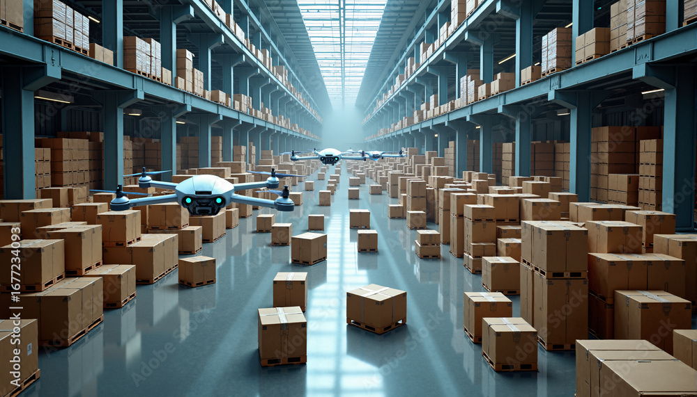 Poster the image shows a large warehouse filled with lots of cardboard boxes and two drones flying in the a