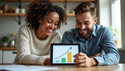 The image shows a man and woman sitting at a table