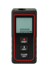 Photo of digital laser distance meter with screen and buttons, isolated on transparent background