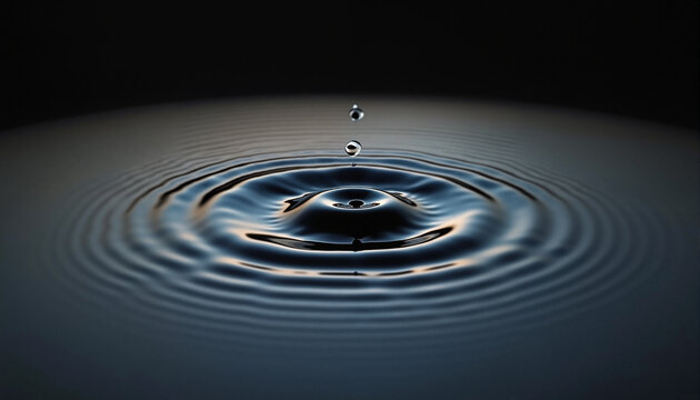 The image shows a single drop of water falling into a pool of water