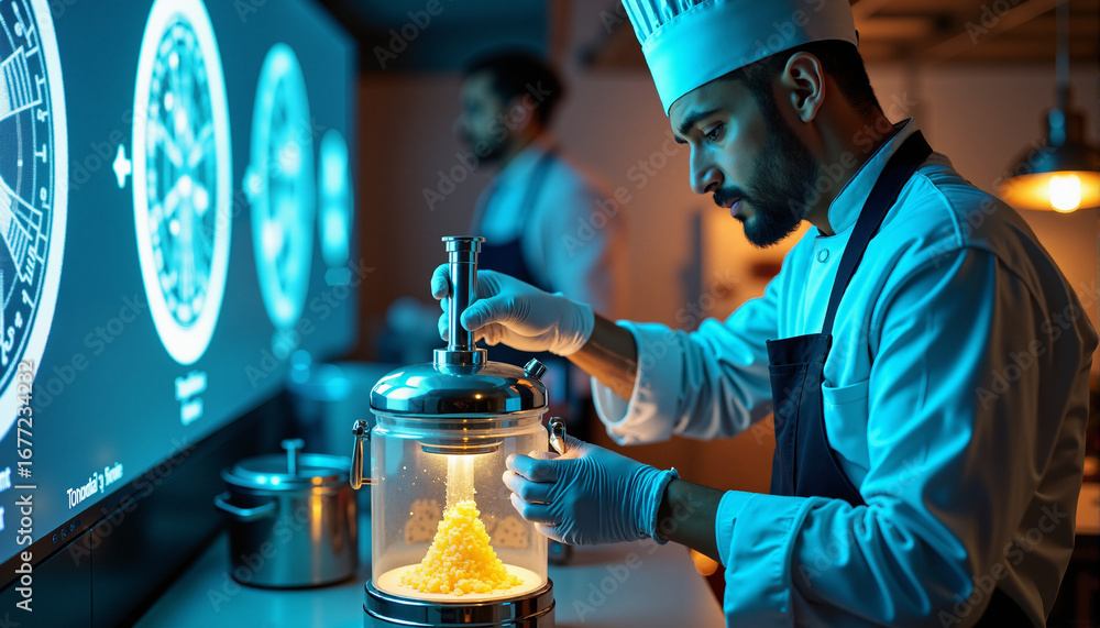 Poster the image shows a man in a chef's hat and apron preparing food in front of a large screen. he is hol