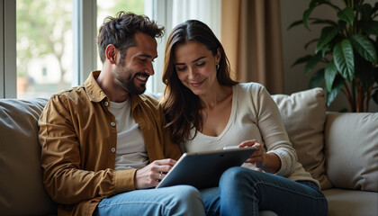 Obraz premium The image shows a man and woman sitting on a couch