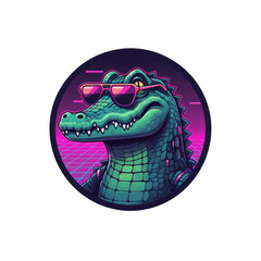 Cartoon Alligator with Sunglasses Retro Neon Style Graphic Art on Transparent Background Character Design in Green Purple and Pink