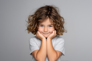 Fototapeta premium Adorable young child with curly hair smiling sweetly in studio portrait, hands on cheeks, expressing innocence, joy, and personality against a gray background