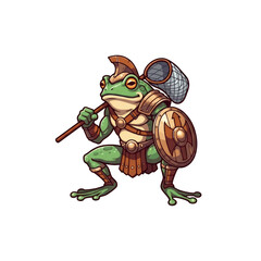 Fototapeta premium Cartoon Frog Warrior with Armor Helmet and Shield Isolated on Transparent Background Detailed Pixel Art Amphibian Character Ready for Battle