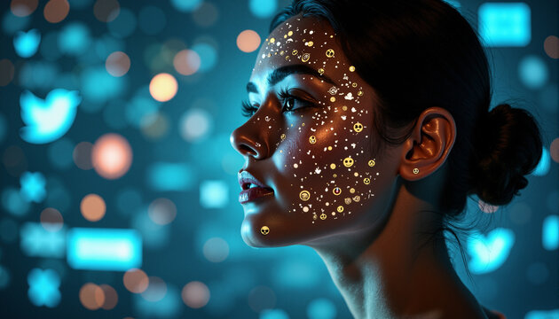 The image shows a woman with glowing gold glitter on her face - Powered by Adobe