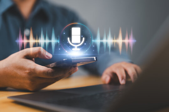 Voice recording and voice search concept. Sound recording or voice search with ai, speaker, music, voice message, assistance and marketing. Man using smartphone with virtual microphone.