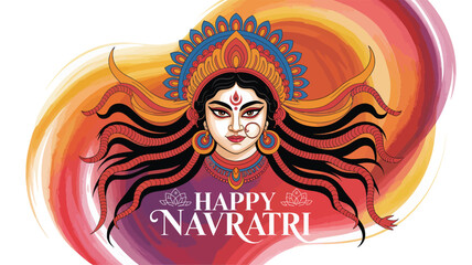  Navratri illustration with fierce goddess face, flowing hair, crown, vibrant swirling background, and festive greeting in bold white typography