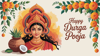  Durga Pooja illustration with goddess Durga, marigold garlands, ritual pots, coconut offering, and festive greeting on vibrant orange-yellow background
