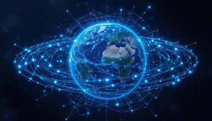Obraz premium An abstract, glowing blue network of interconnected lines and nodes forming a circular, planet-like structure against a dark background.