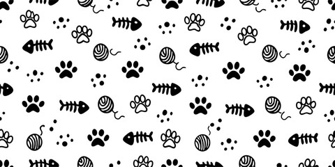 Cute Cat Paw Prints, Fishbones & Yarn Seamless Pattern