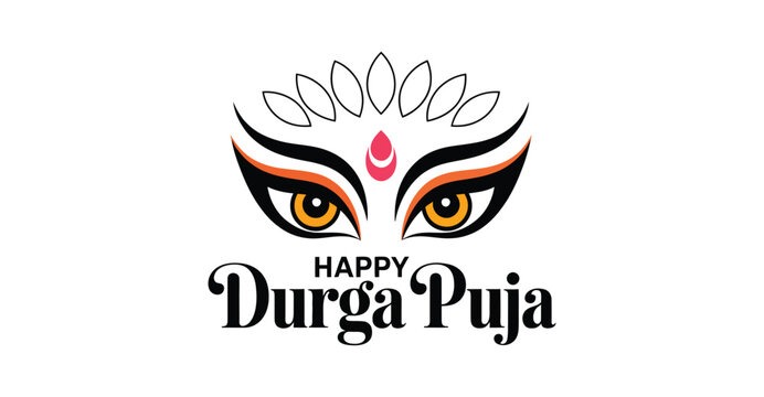  Durga Puja illustration with stylized goddess eyes, red bindi, flame motif, and festive greeting on warm background celebrating Hindu festival