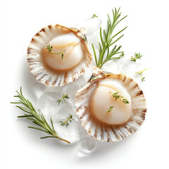 Raw scallops on ice with fresh herbs and rosemary