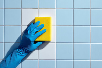 Hand in blue glove cleaning light blue and white tiled wall with yellow sponge, hygiene and housework.