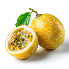 Ripe yellow passion fruit with cut open showing seeds and leaf