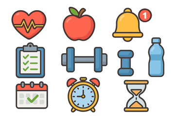 Health and fitness icon set. Vector illustration of healthy lifestyle, diet, workout, time management, schedule, reminder, and notification symbols for web and mobile apps.