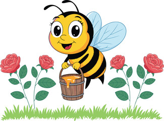 Cartoon bee flying with honey bucket — cheerful insect above grass and red roses with smiling face, wings, and dripping honey