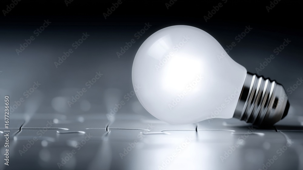 Poster a modern light bulb rests on a sleek surface. the design is minimalistic and stylish. this image emb