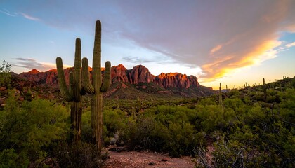 Dramatic desert sunset with saguaro cactus