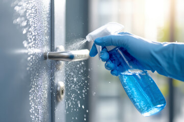 Disinfectant spray being applied on a door handle, promoting hygiene and cleanliness, preventing the spread of germs.