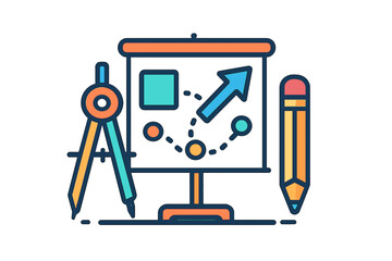 Analysis and planning graphic with compass, pencil, and chart project direction layout