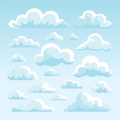 Seamless pattern background of a gentle blue sky with soft, scattered white cartoon clouds, vector illustration