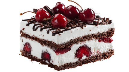 A Tempting Slice of Black Forest Cake with Cherries and Chocolate Shavings on a Checkered Background