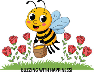 Cartoon bee with honey bucket — cheerful insect above red roses and grass with smiling face, wings, and “Buzzing with Happiness!”