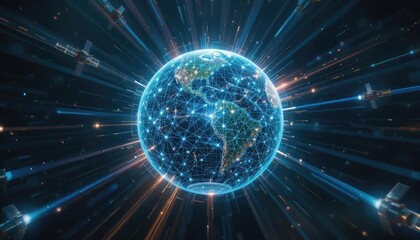 Obraz premium Digital representation of Earth, surrounded by interconnected data streams, illustrating global communication.