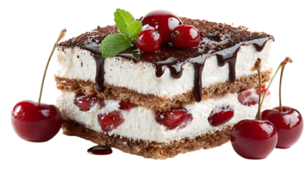 A Tempting Slice of Black Forest Cake with Cherries and Chocolate Drizzle on a Checkered Background