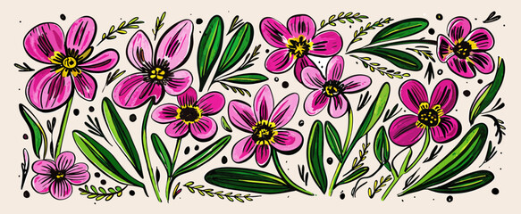Hand-drawn Pink Flowers & Green Leaves Illustration