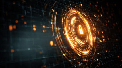 Digital lock with swirling encrypted data streams on dark grid background symbolizing cybersecurity, data privacy, and protection