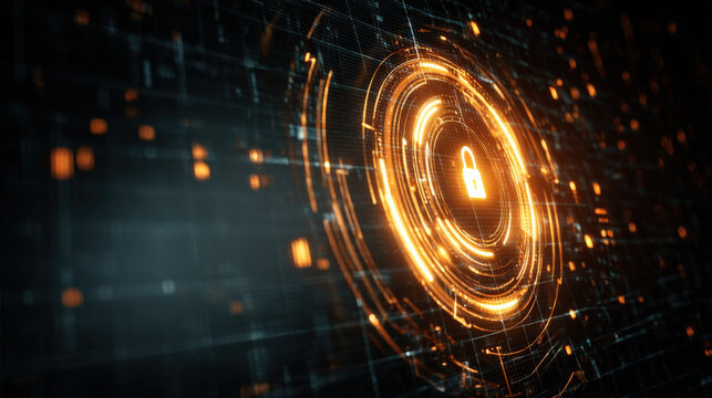 Digital lock with swirling encrypted data streams on dark grid background symbolizing cybersecurity, data privacy, and protection