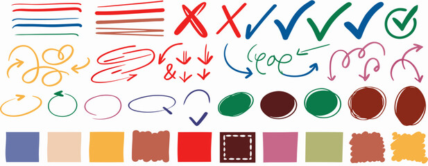 Obraz premium Hand-drawn Arrows, Checkmarks, & Shapes: Colorful Doodle Design Elements