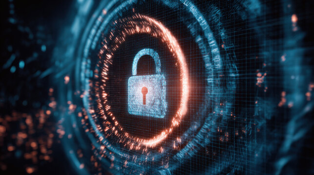 Digital lock with swirling encrypted data streams on dark grid background symbolizing cybersecurity, data privacy, and protection