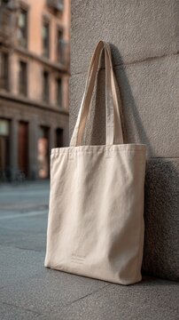 Minimal Canvas Shopping Bag Placed on Urban Street Representing Sustainable Fashion and Zero Waste Living