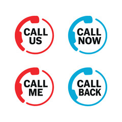 A collection of modern circular call buttons for websites and apps including Call Us and Call Now, vector illustration