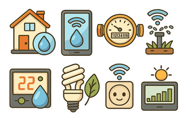 Smart home icons set for energy efficiency and water management. Vector illustration of home automation devices like smart plug, thermostat, meter, and remote control system.