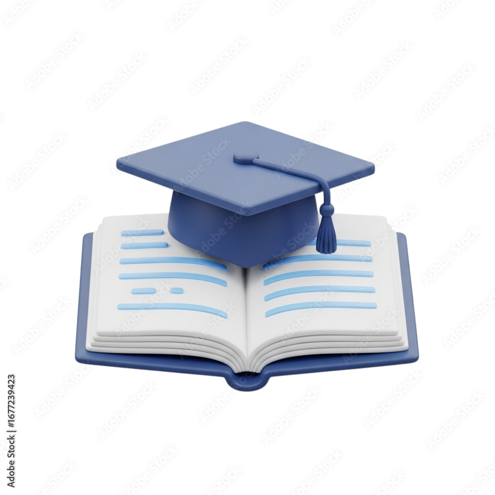 Poster 3d icon of graduation cap on an open book, isolated on transparent background