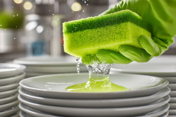 Green-gloved hand cleaning dishes with a green sponge, water droplets cling to the sponge over white plates.