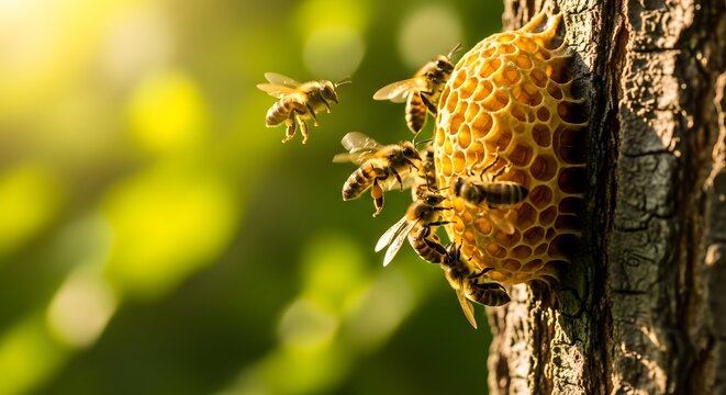 Bees building a honeycomb on a tree trunk in the sunlight