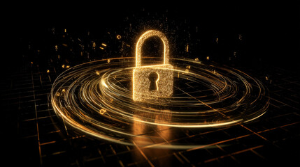 Digital lock with swirling encrypted data streams on dark grid background symbolizing cybersecurity, data privacy, and protection