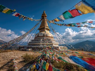 Mountaintop Stupa, prayer flags fluttering, scenic backdrop, spiritual travel © Lapeko