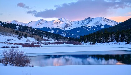 Snowy Mountain Lake at Sunset Colorado Landscape with Reflection with Natures Beauty.