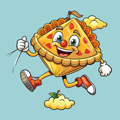 cheerful cartoon apple pie flies a colorful kite on a breezy, windy day
